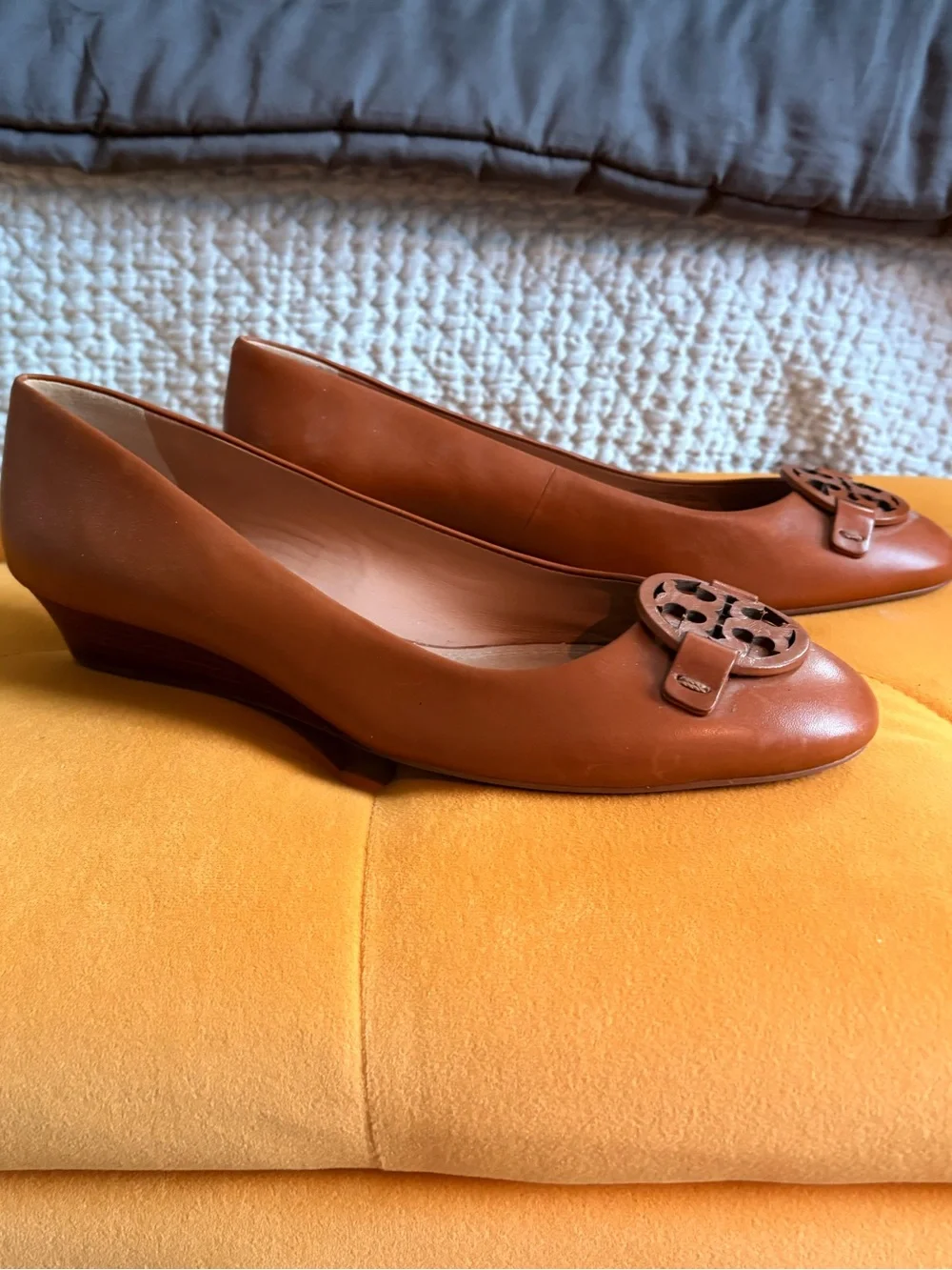 Tory Burch Cognac Leather Wedge Pump with Logo Medallion